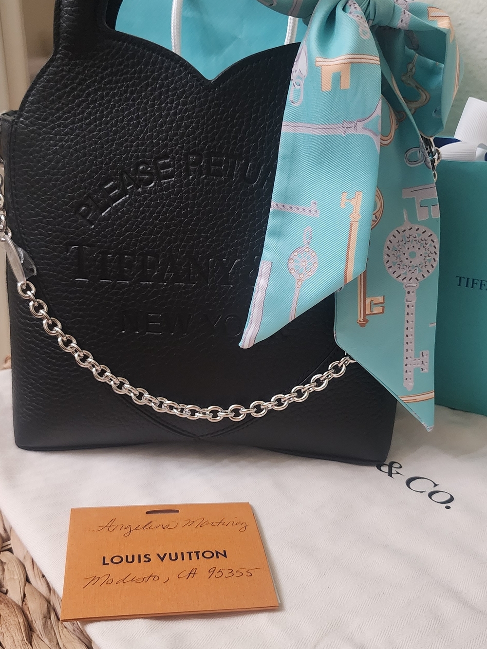 Tiffany Black Crossbody Bag with Turquoise Scarf Accent and Chain Detail